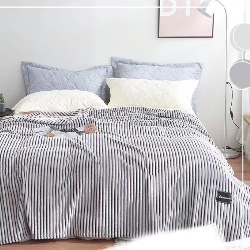 

Promotion New Super Soft Flannel Blanket Solid Color Velvet Shawl Blankets Thick Warm Striped Bed Sheet Bedspread