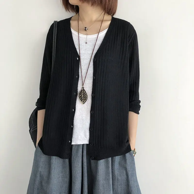 

2021 linen knitted cardigan women's outer wear thin casual loose spring and autumn V-neck long-sleeved sunscreen sweater jacket