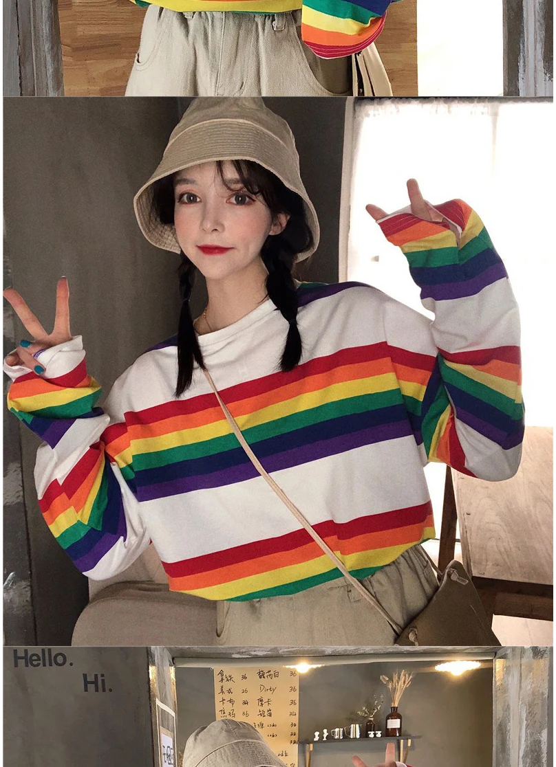 Женская футболка SAutumn Топы в Корейском стиле Ulzzang Harajuku Радужная полосатая футболка для женщин футболка с длинными рукавами женская повседневная одежда
