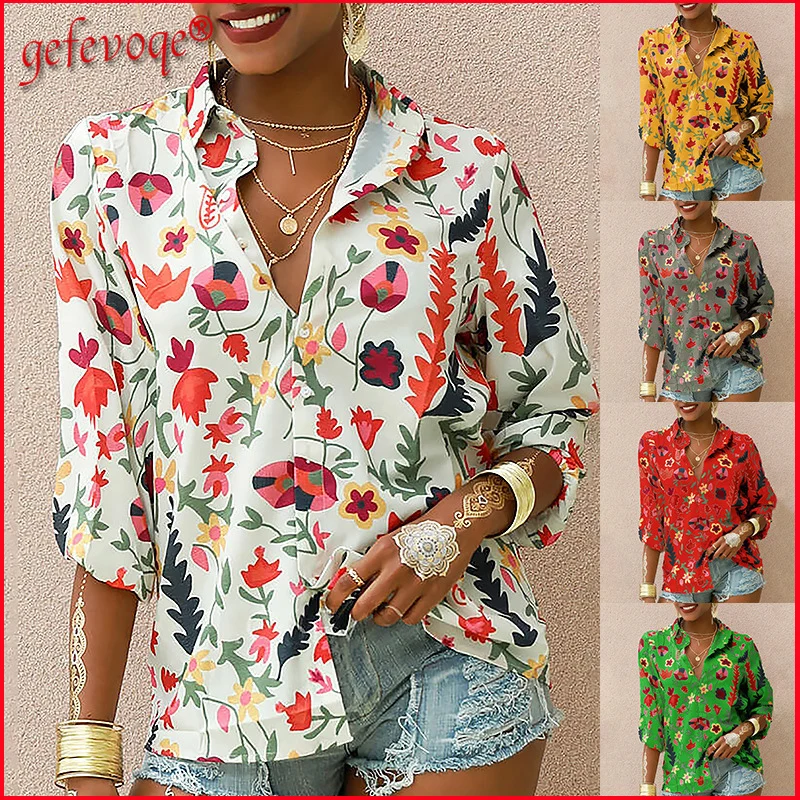 

Autumn Blouses Women Casual Tops Vintage Floral Print Long Sleeve Button Up Oversized Chiffon Blouse Shirts Chemise Femme 2021