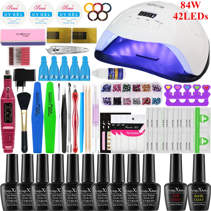 84w lamp 10 colors Набор для ногтей, ультрафиолетовая лампа для маникюра, набор для ногтей, 10/16 шт, Набор лаков для ногтей с инструментами для дизайна ногтей, набор с 20000 ОБ/мин, машинка для сверления ногтей - Цвет: 84w lamp 10 colors