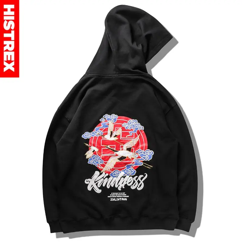 Вышитый японский журавль Харадзюку 100 хлопковые мужские толстовки для женщин