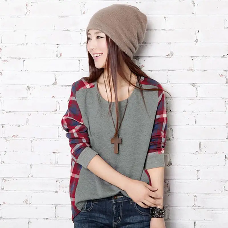 Женская прошитая клетчатая Асимметричная футболка весна лето осень длинный