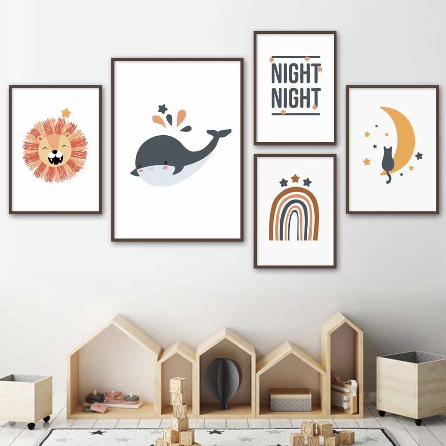 

Cartoon Rainbow Sun Moon Star Clouds Lion Cat Art Canvas Painting For Kids Room Decor Nordic Posters And Prints Wall Pictures