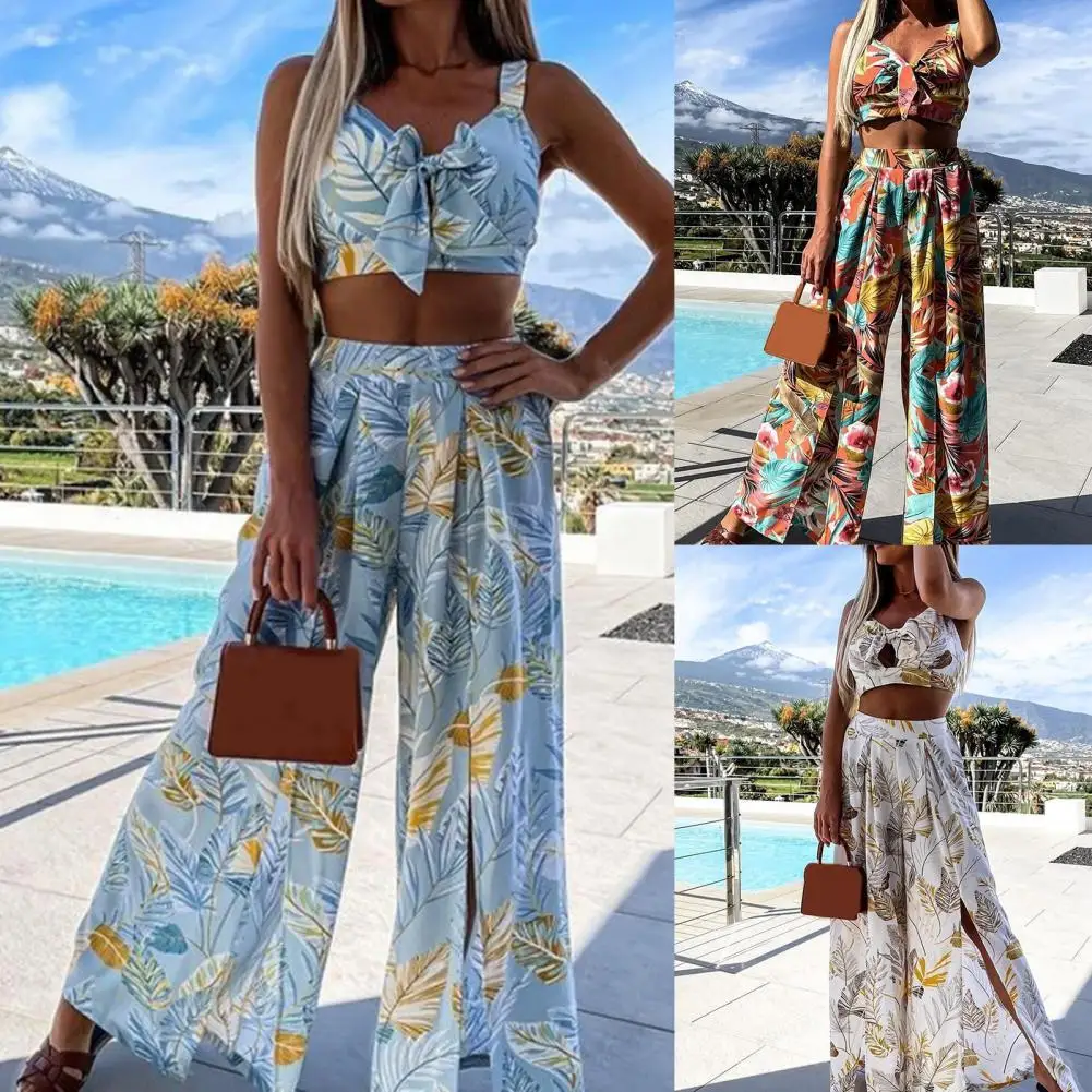 

60% Dropshipping!!Women Outfit Sleeveless Plant Print Summer Bow Crop Top Split Wide Leg Pants for Beach