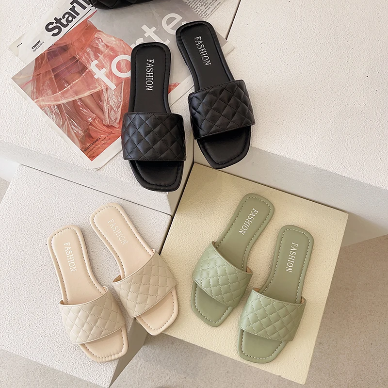 

Slippers Casual Shoes Slipers Women Slides Low Luxury Rubber Flat 2021 Massage Soft Basic Cotton Fabric PU Fashion Concise