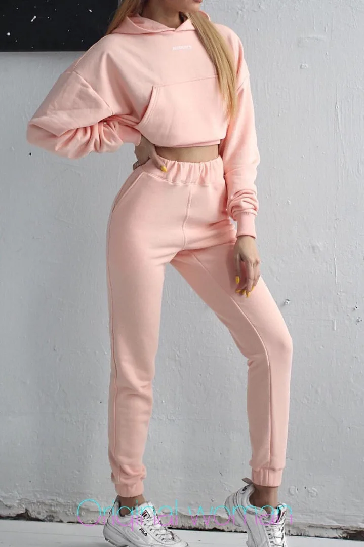 

Tracksuit 2pcs Women Set Hoodies Crop Top Sweatshirt+Side Stripe Pants Hooded 2 Pieces Sets Women Clothing Suits Female Autumn