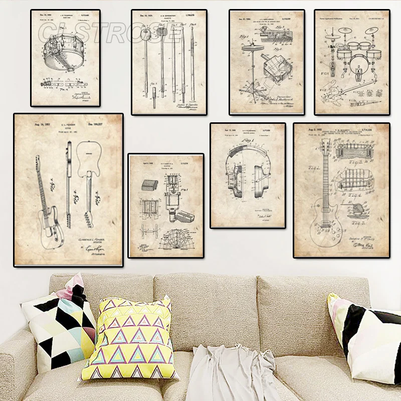 

Nordic Poster Retro Instrument Set Wall Art Print Canvas Painting Drummer Music Teacher Living Room Decoration Print Picture
