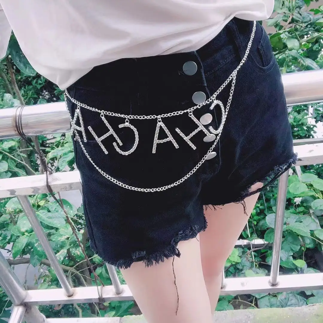 

2021 letter new design belt fashion shining Rhinestone waist chain statement women's tassel crystal metal waist chain accessorie