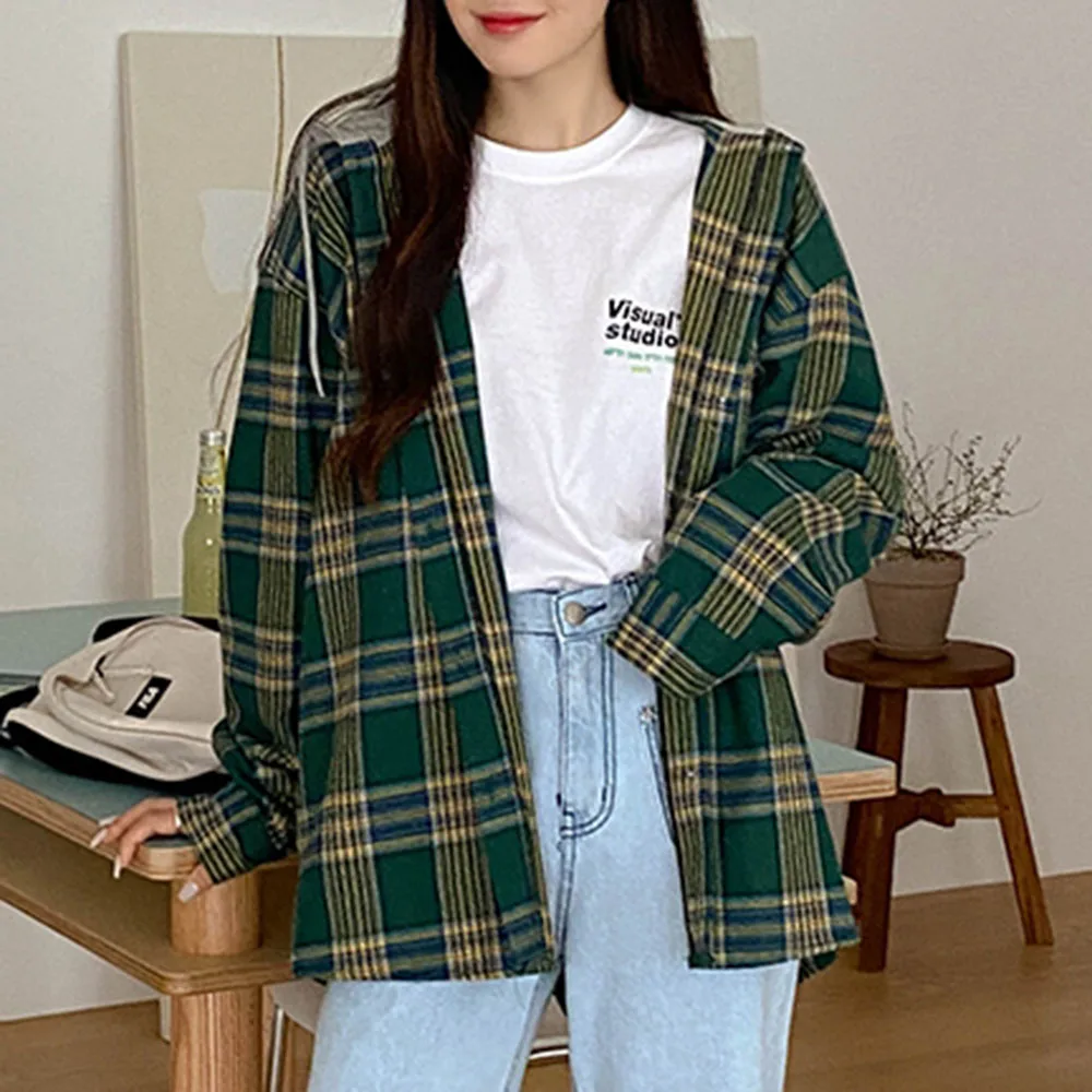 

Женская однобортная куртка с капюшоном, повседневное простое однобортное пальто в клетку с длинным рукавом, в Корейском стиле, Осень-зима ...