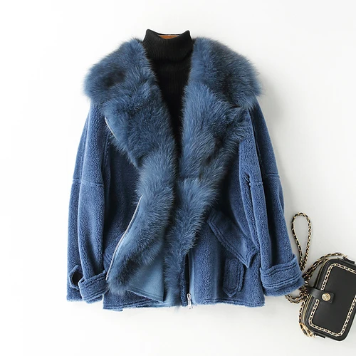 Dark Blue Real Fur Coat Fox Fur Collar Wool Jacket Autumn Winter Coat Women Clothes Korean Vintage Sheep Shearling Women Tops ZT3495 - Цвет: Dark Blue