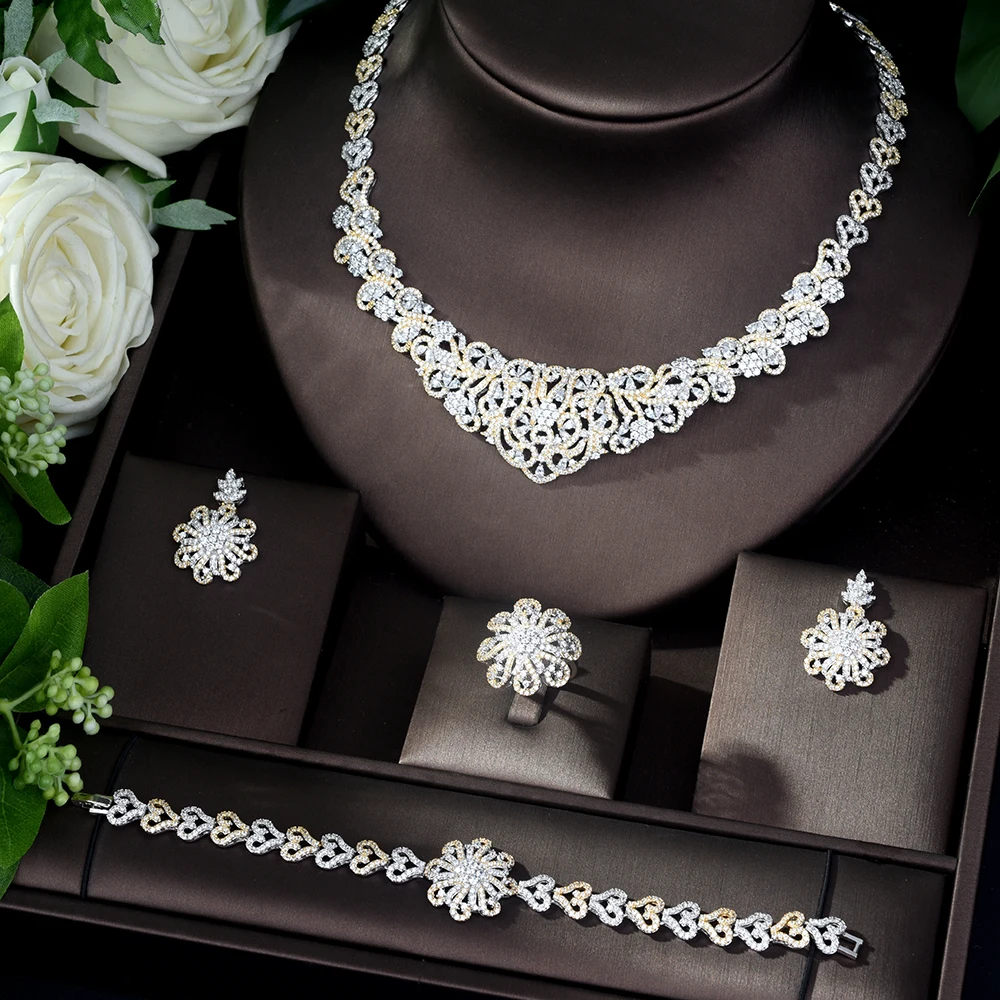 

HIBRIDE Elegant Flower Shape Shinny Jewelry Sets for Women Bride Necklace Sets Wedding Jewelry Dress Accessories Wholesale N-364
