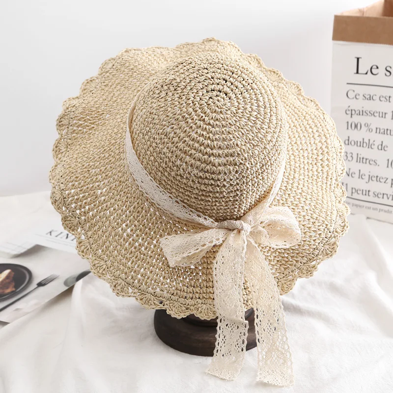 Women Sun Hats For Lace Straps Wide Brim Straw Beach Side Cap Floppy Female Straw Hat Solid Fringe Straw Hat Summer Hat