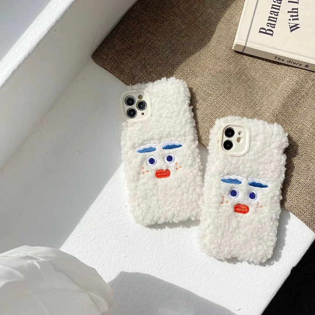 

INS cute lamb plush embroidered sausage mouth expression phone case for iPhone 11 12 pro MAX Xs MINI Xr X 7 8plus cover