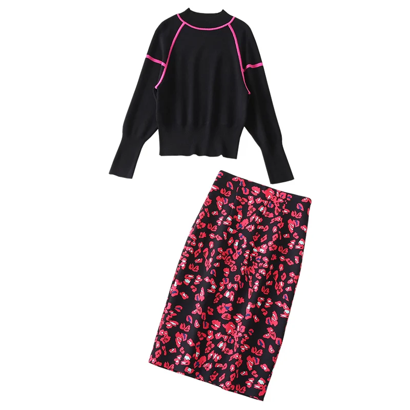 

Осенне-зимний Европейский уличный контрастный свитер с рукавом летучая мышь и облегающая юбка-футляр с принтом, комплект из 2 предметов