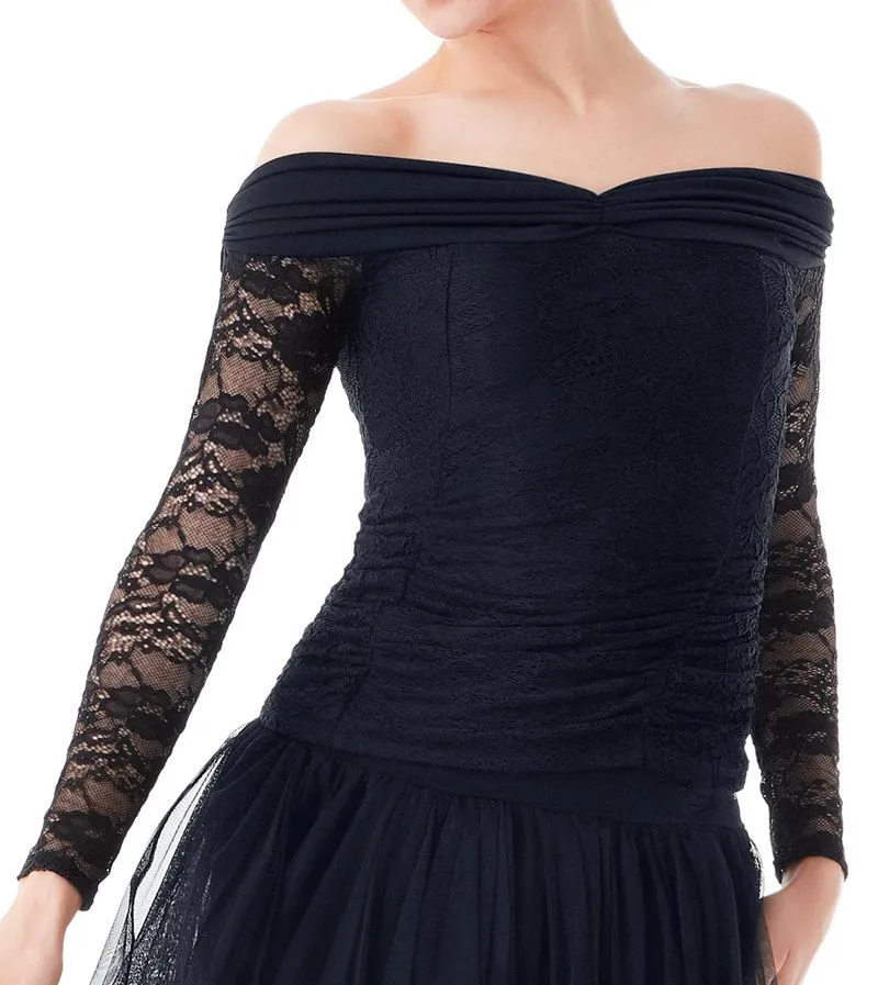 

Black Pool Adult Woman Strapless Lace Long Sleeve Ballroom Dancing A Waltz Square Dance Practice Clothes T18038