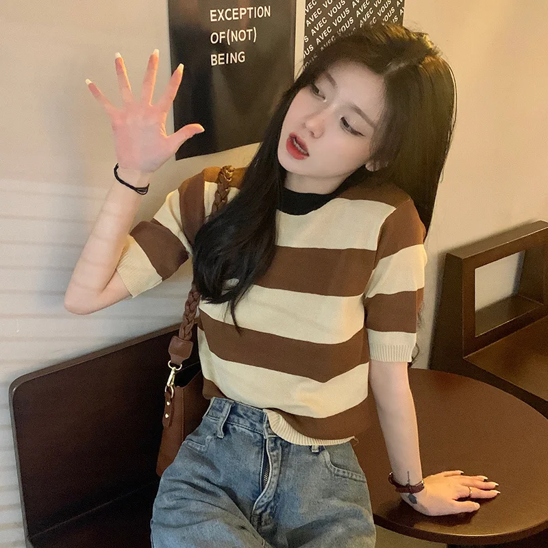 

Slim-Fit Short Striped T-shirt Female Student Top T Tee Shirt Femme Women Kawaii Korean Clothes Streetwear 2021 Summer Fashion