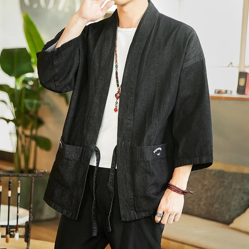 Кимоно кардиган Мужская японская мода джинсовая рубашка кимоно каратэ костюм