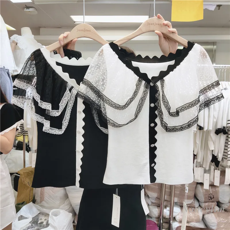 

Lace Doll Sailor Collar Knitwear T Shirt Women 2021 Summer Sweet Slim Fit Pullover Fashion Crop Top Femme Nancylim