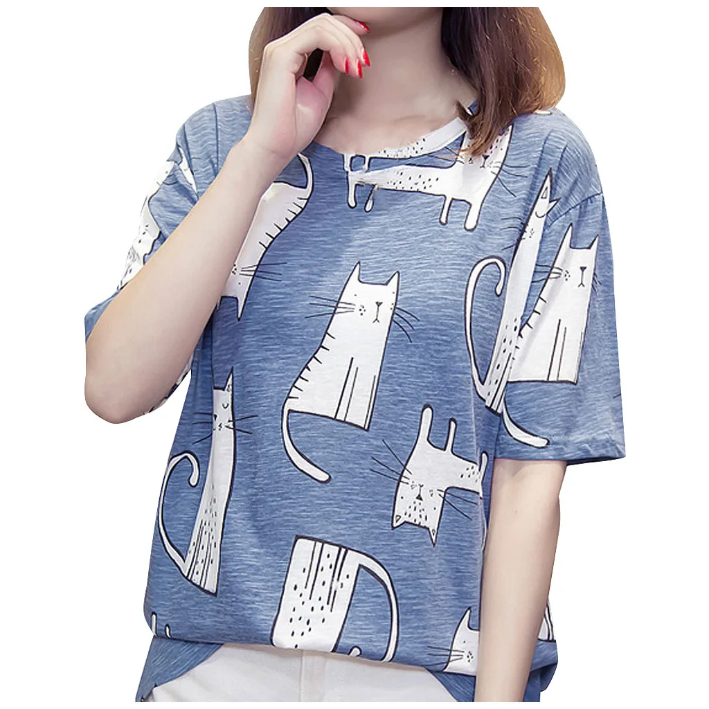 Милая мультяшная кошка с длинным хвостом напечатанная женская футболка новинка