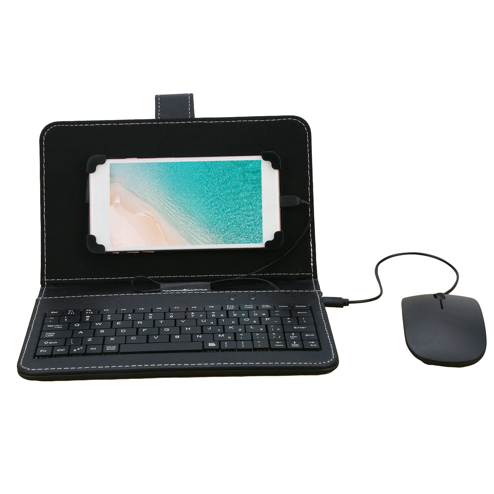 portable wired type c mobile phone keyboard mouse set with leather cover stand for huawei samsung fit mobile phones up to 7 free global shipping