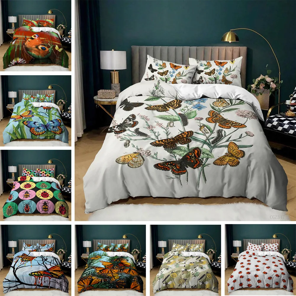 Ladybug Insects Design Duvet Cover Set Butterfly Printed Decorative 2/3 Pcs Bedding with Pillowcase for Teens Boys Girls | Дом и сад