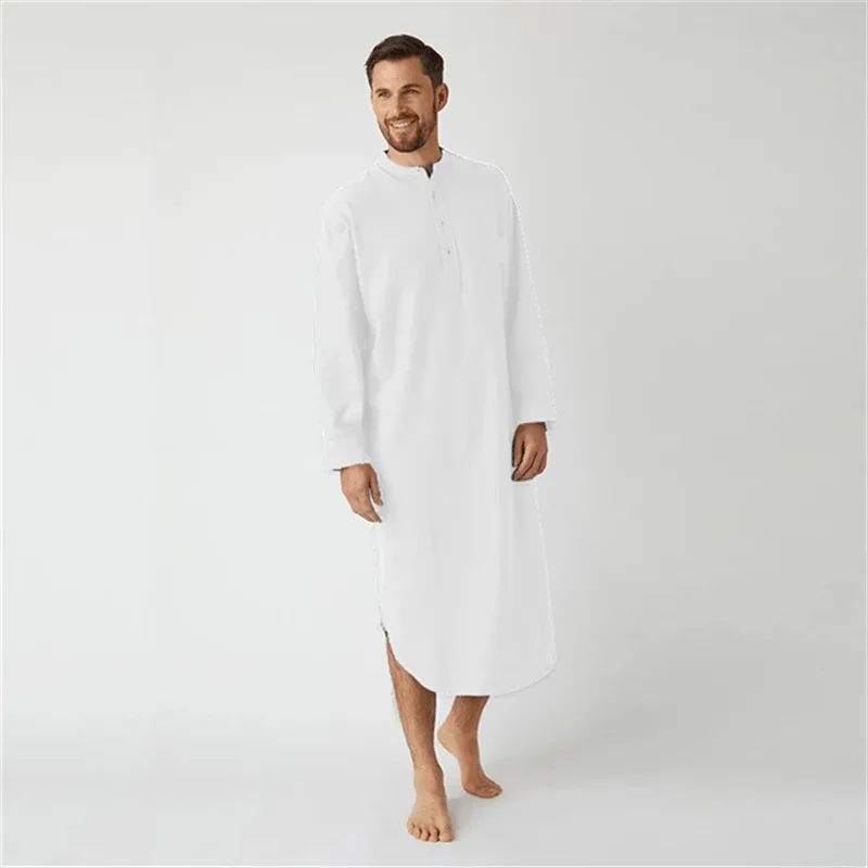 

2021 New Men's Sleep Robes Solid Color Cotton Long Sleeve Comfort O Neck Leisure Nightgown Mens Bathrobes Homewear Plus Size