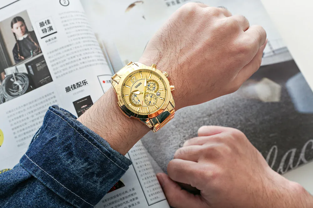 

TEMEITE New Fashion Full Gold Quartz Watch Waterproof Stainless Steel Chronograph Men Watches Luminous Hand Business Date Clock