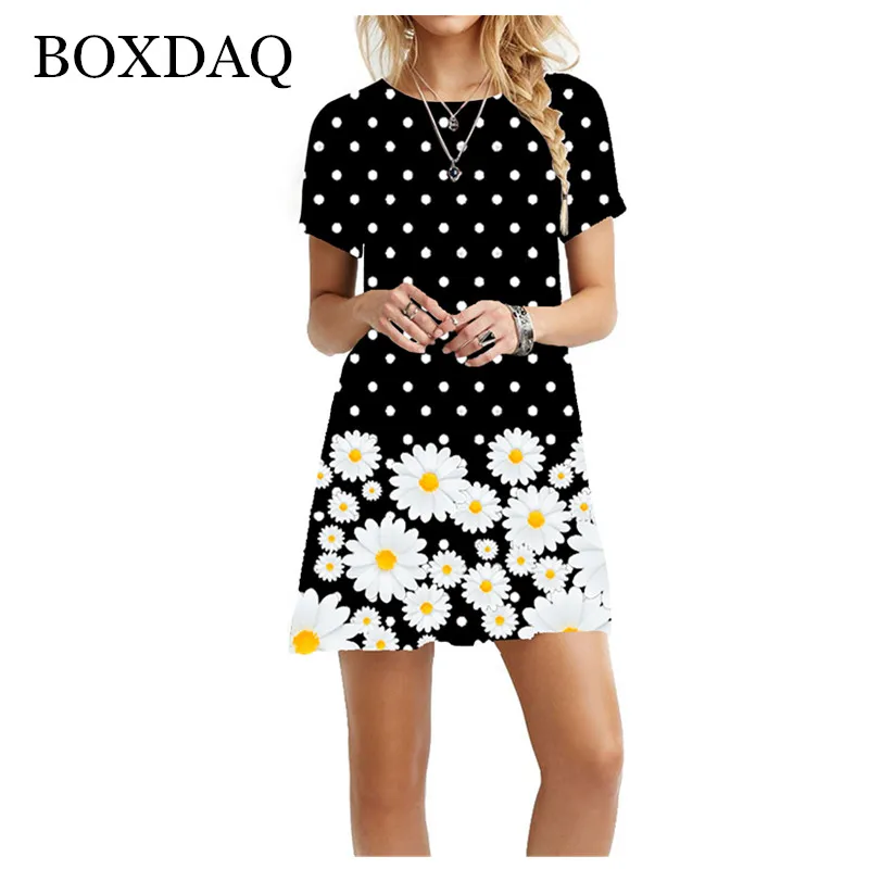 

Summer Dot Print Dress Women Bohemian Short Sleeve Round Neck Loose Dress Casual Streetwear Fashion Female Vintage Mini Dress