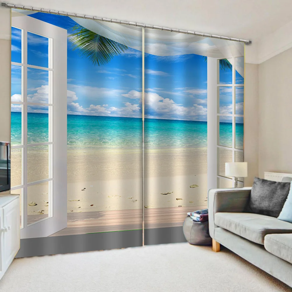 

Luxury Blackout 3D Window Curtains For Living Room Bedroom blue beach curtains Decoration curtains