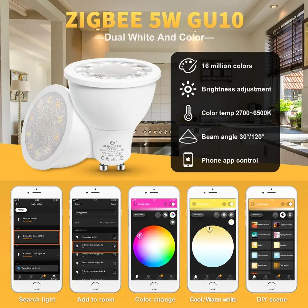 Умный дом rgb и теплый белый gu10 прожектор zigbee 5 Вт RGBW GU10 лампа AC100-240V работать с Amazon Echo plus smartThing
