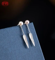 s925 silver branch leaf pearl tassel new style ethnic style individual earrings