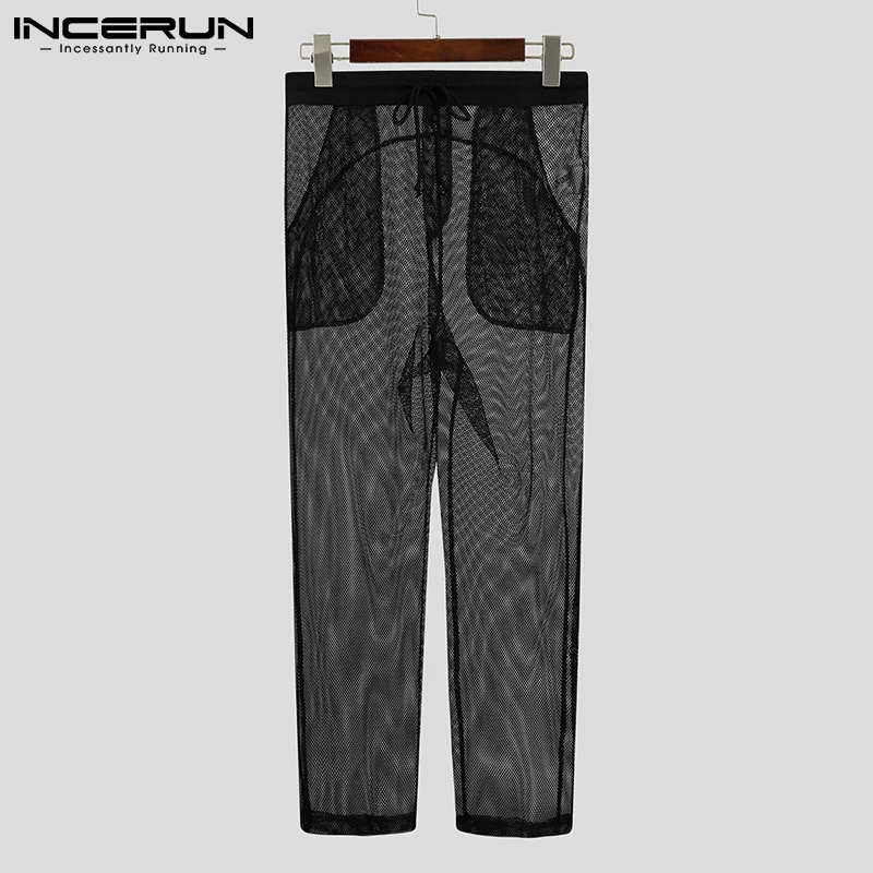 

Штаны INCERUN мужские сетчатые однотонные, домашняя одежда на шнуровке, прозрачные удобные пикантные дышащие брюки для сна