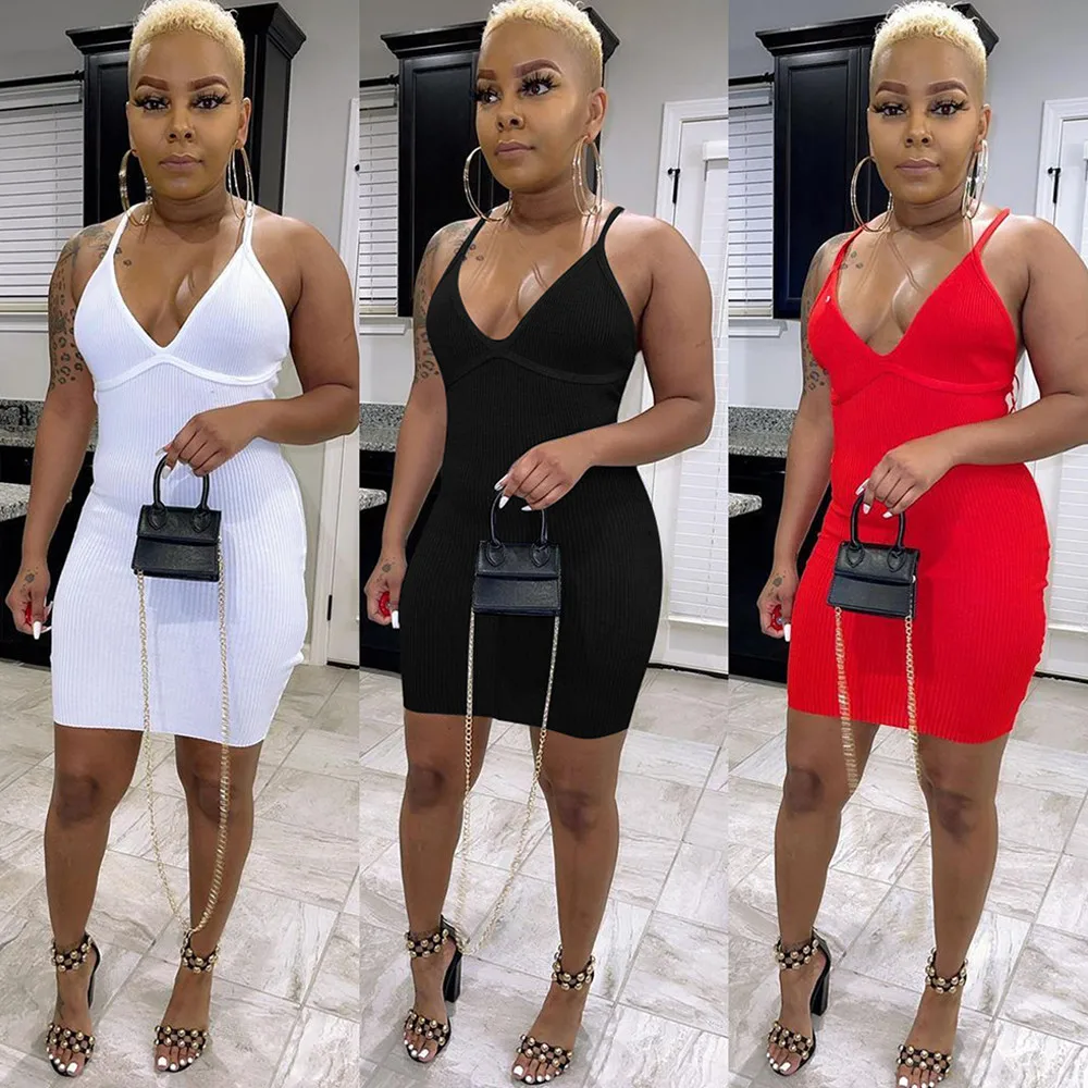 

Casual Spaghetti Strap Sleeveless Knitted Dress Women Sexy Deep V Neck Backless Sheath Dress Elegant Solid Female Pencil Dress