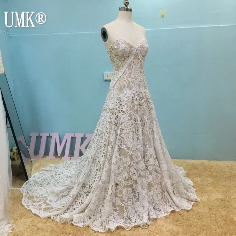 Винтажное кружевное свадебное платье UMK в стиле бохо Пляжное с открытыми плечами