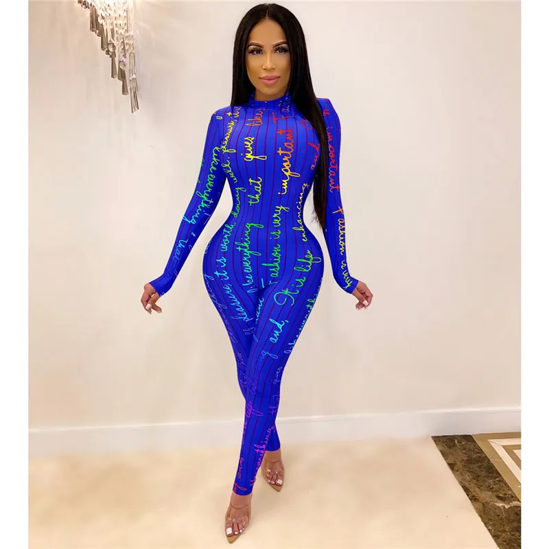 

Adogirl Letters Print Stripe Bandage Jumpsuit 2019 Autumn Winter Turtleneck Long Sleeve Skinny Romper Casual Overalls Outfits