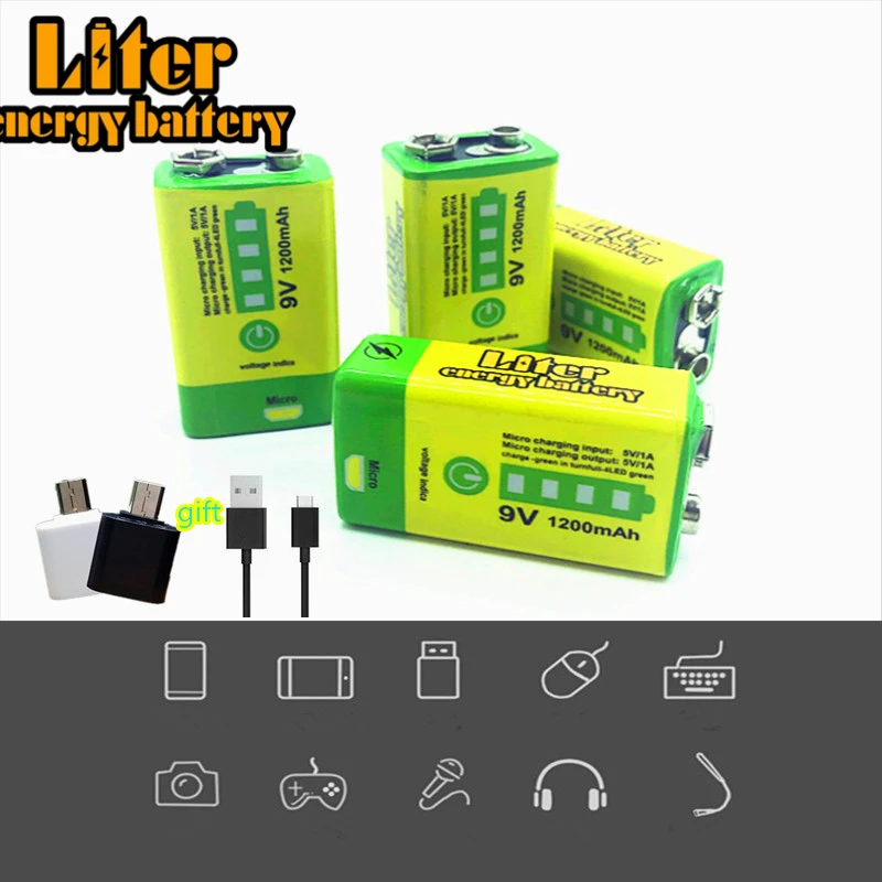 Аккумуляторная батарея 9V 6F22 USB 1200mAh Li-Ion для дымовой сигнализации беспроводной