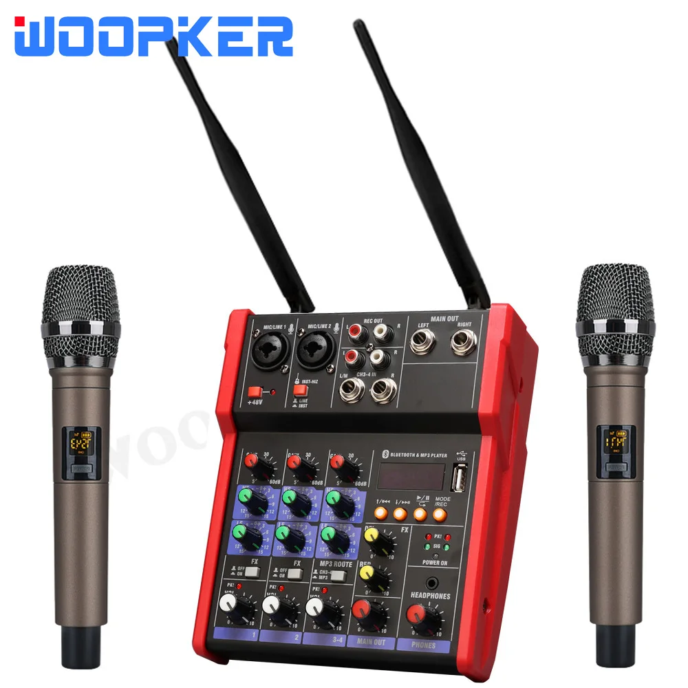 

4 канальный цифровой миксер аудио DJ определения консоль с UHF Беспроводной микрофон 48V Phantom Мощность для ПК Запись трансляция Вечерние
