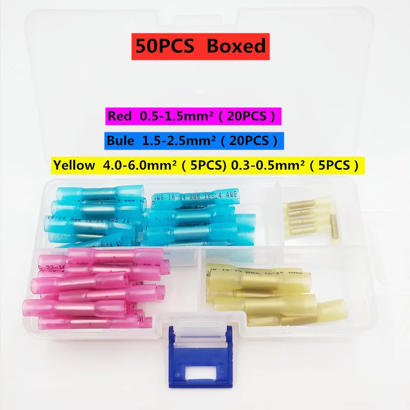 

50Pcs Waterproof Heat Shrink Butt Connectors Box Electrical Wire Splice Cable Crimp Terminals Connectors Ternimals Kit