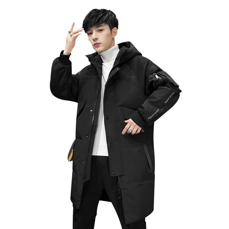 2022 New brand wind down jacket men's long tide thickened slim winter down jacket white duck dow casualn hooded warm coat