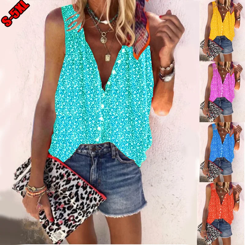 

Summer Blouses Top Button Women Shirts Casual Loose Print Shirts Beach Vest Women Clothing