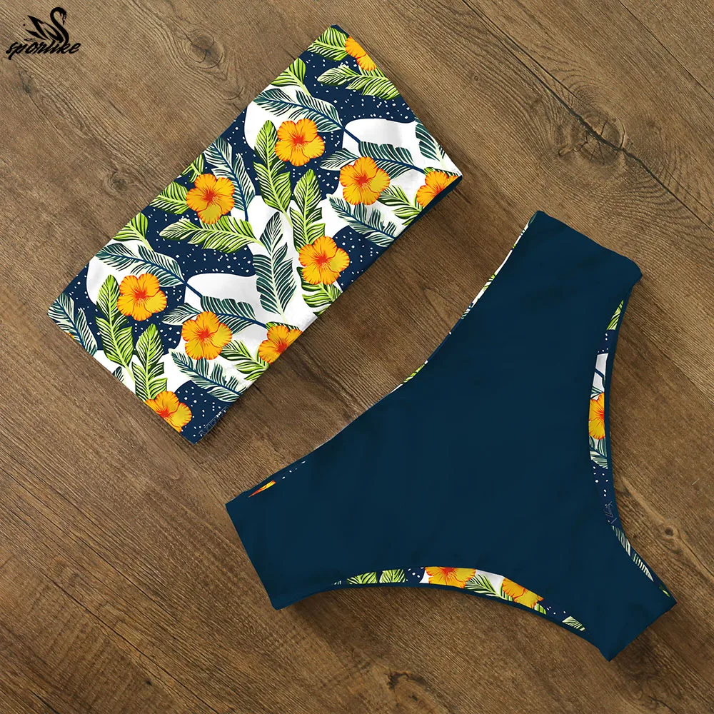 

Bikini 2020 Swimwear Swimsuit Women Print High Waist Bikini Set Back Cross Bandeau Bathing Suit Female Beach Wear Biquini