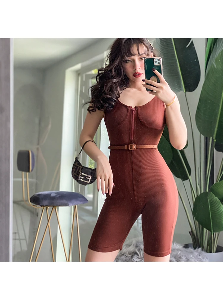 2020 New 2 Color Elastic Thread Cotton Skinny Sexy Jumpsuit Zipper Casual Playsuits Women's Clothing |