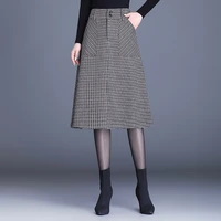 women woollen plaid a line skirts autumn winter high waist pocket warm skirts fashion loose hight quality female skirts