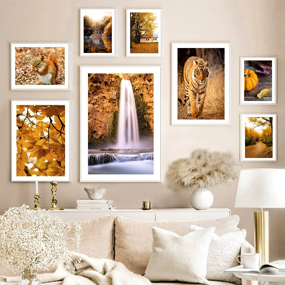 Настенная Картина на холсте с изображением леса водопада дорожек листьев тигра