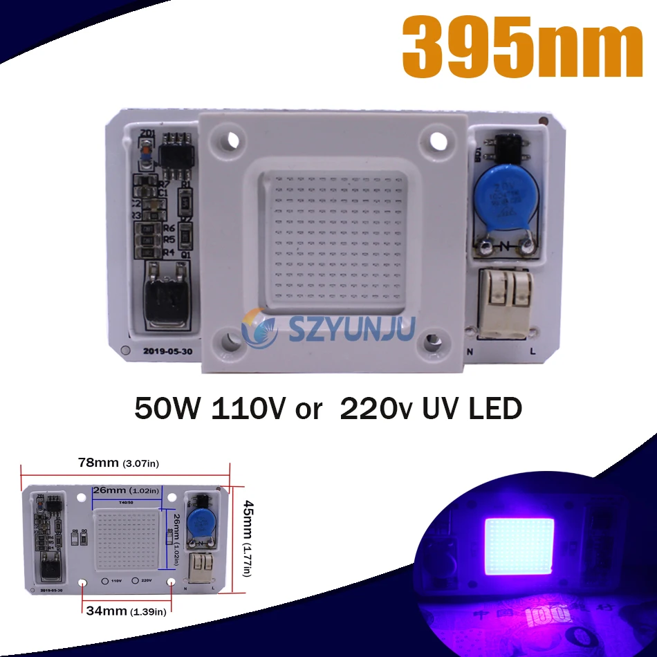 50W 395nm светодиодная УФ лампа чип 110V 220V DOB AC Ультрафиолетовый лечения детектор