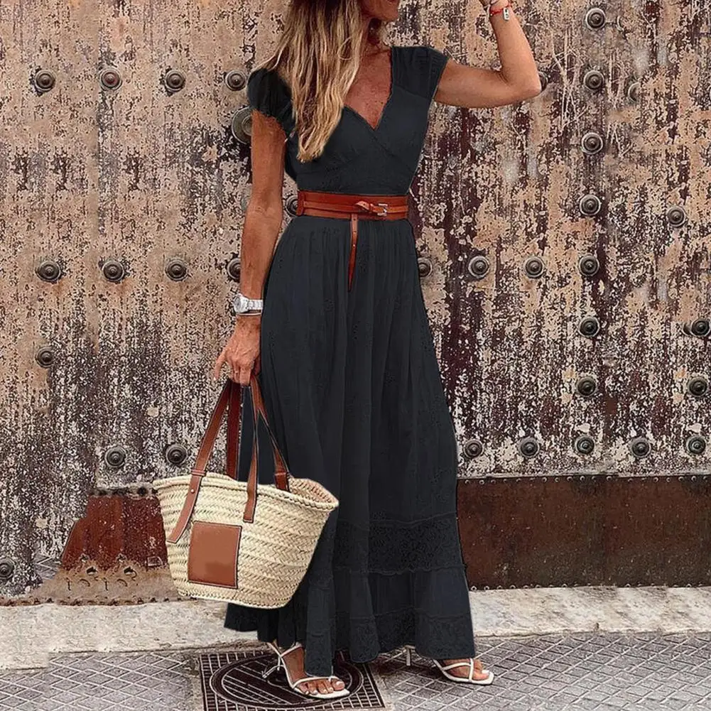 

Maxi Dress Party Short Sleeve Large Hem Sundress V Neck High Waist Casual dresses woman summer 2021 Beach wear vestidos