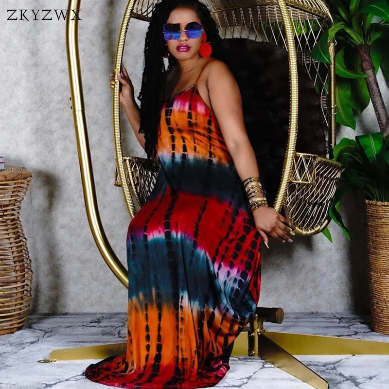 

ZKYZWX Aesthetic Pocket Tie Dye Party Night Club Dresses Women 2021 Vacation Outfits Summer Beach Clothes Sling Long Maxi Dress