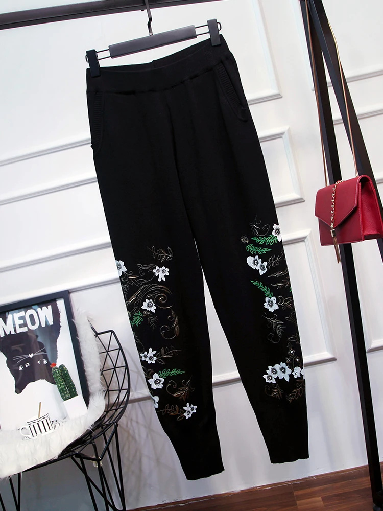 9.19 2019 Autumn Winter New women flower print long sleeve knitted sweaters coat + casual pants two-piece set | Женская одежда