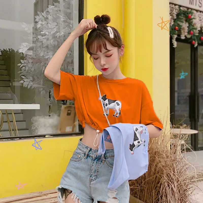 2019 Summer Women's Casual Elegant Fashion Style Round Neck Cartoon Cow Print Short Sleeve Drawstring Pullover Crop Top T-Shirt | Женская